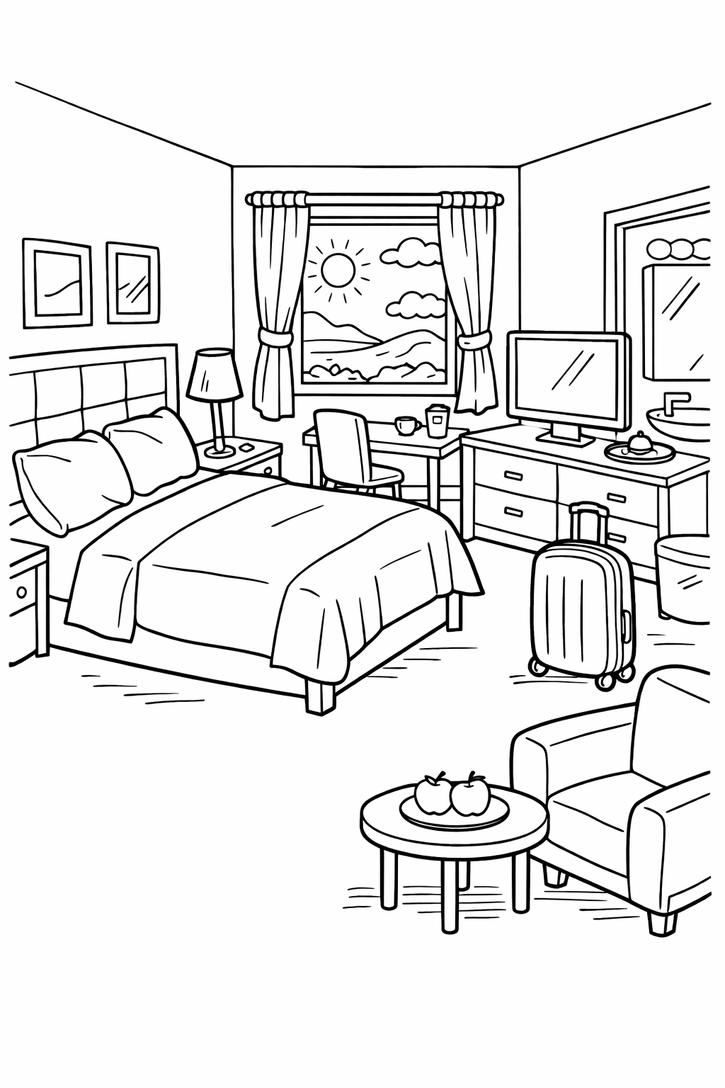 Coloring page of a hotel room with a bed, desk, chair, window showing sunny landscape, and suitcase for children to color.