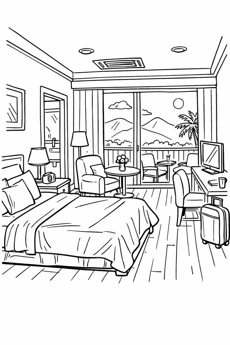 A detailed coloring page of a hotel room with elements like a bed, chair, desk, and a view of mountains and a palm tree, encouraging children to add vibrant hues.