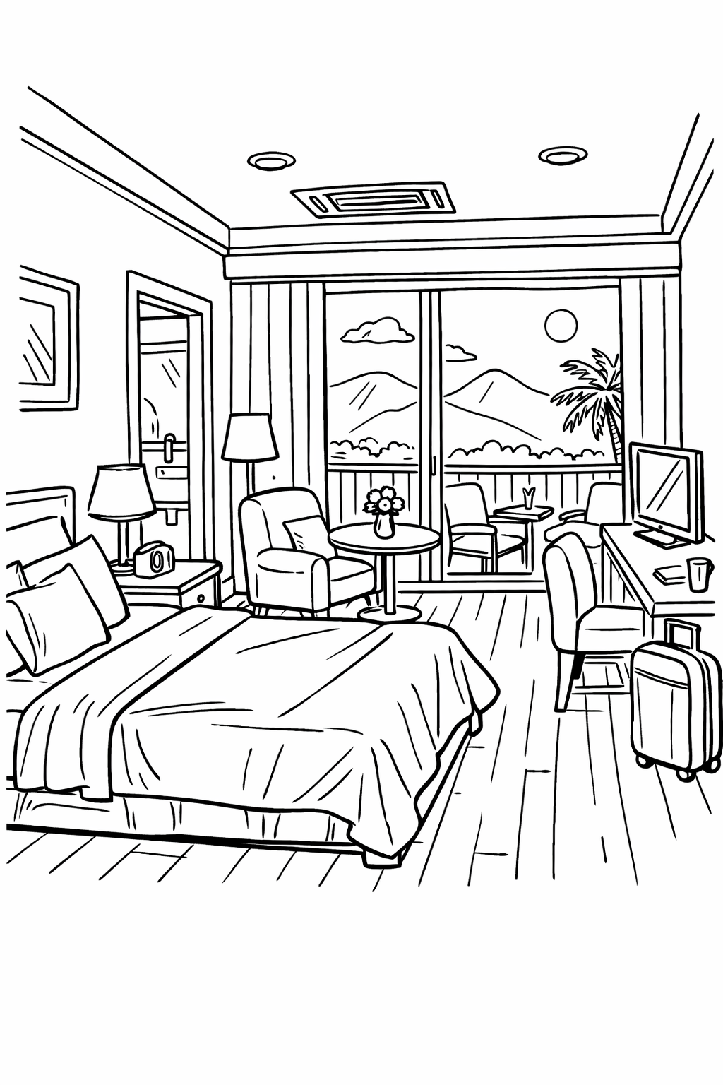 A detailed coloring page of a hotel room with elements like a bed, chair, desk, and a view of mountains and a palm tree, encouraging children to add vibrant hues.