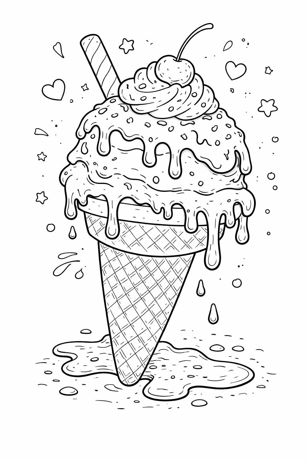 A detailed and playful coloring page of an ice cream cone with a drippy scoop, topped with a cherry, and surrounded by whimsical elements like stars and hearts. Perfect for children's creative coloring activities.