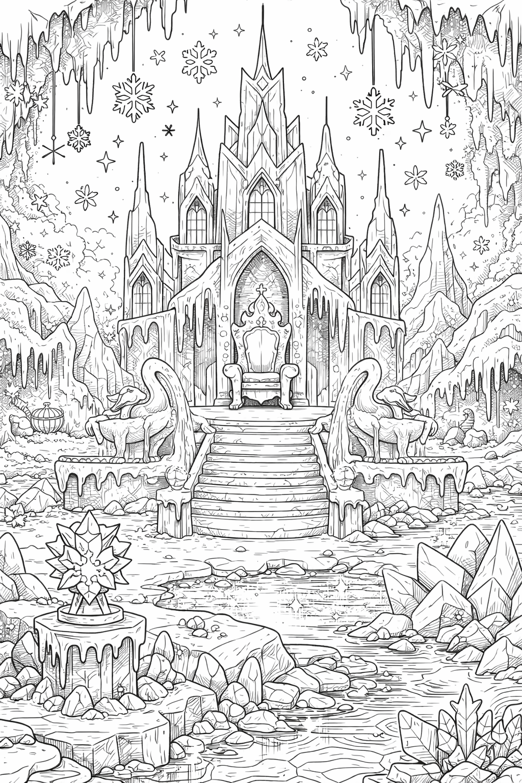 Ice palace with snowflakes and icicles in a fantasy landscape