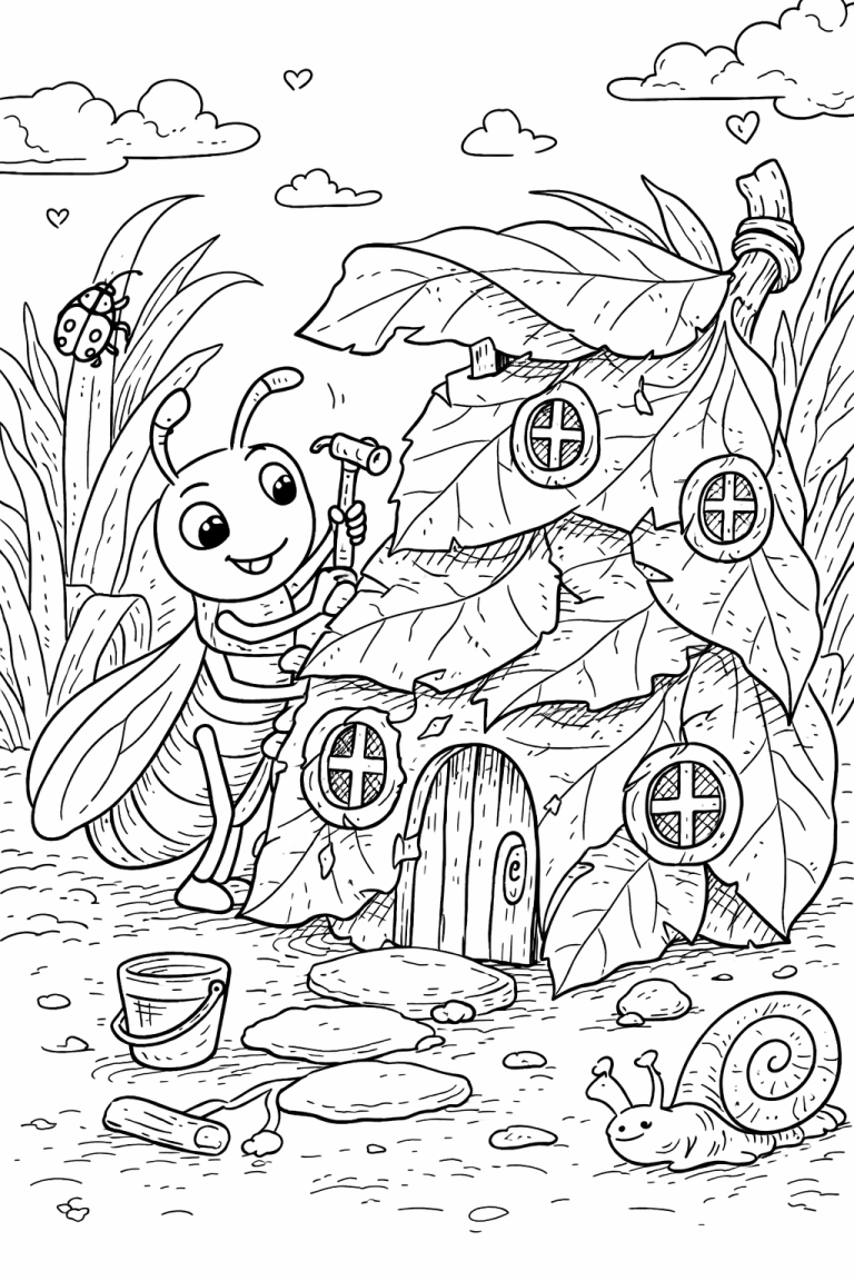 Insect coloring page with an insect building a leaf house