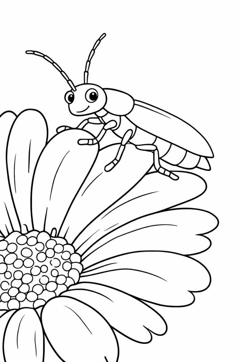 A coloring page showcasing a cheerful insect sitting on a large flower, inviting kids to fill it with vibrant colors and explore their creativity through art.