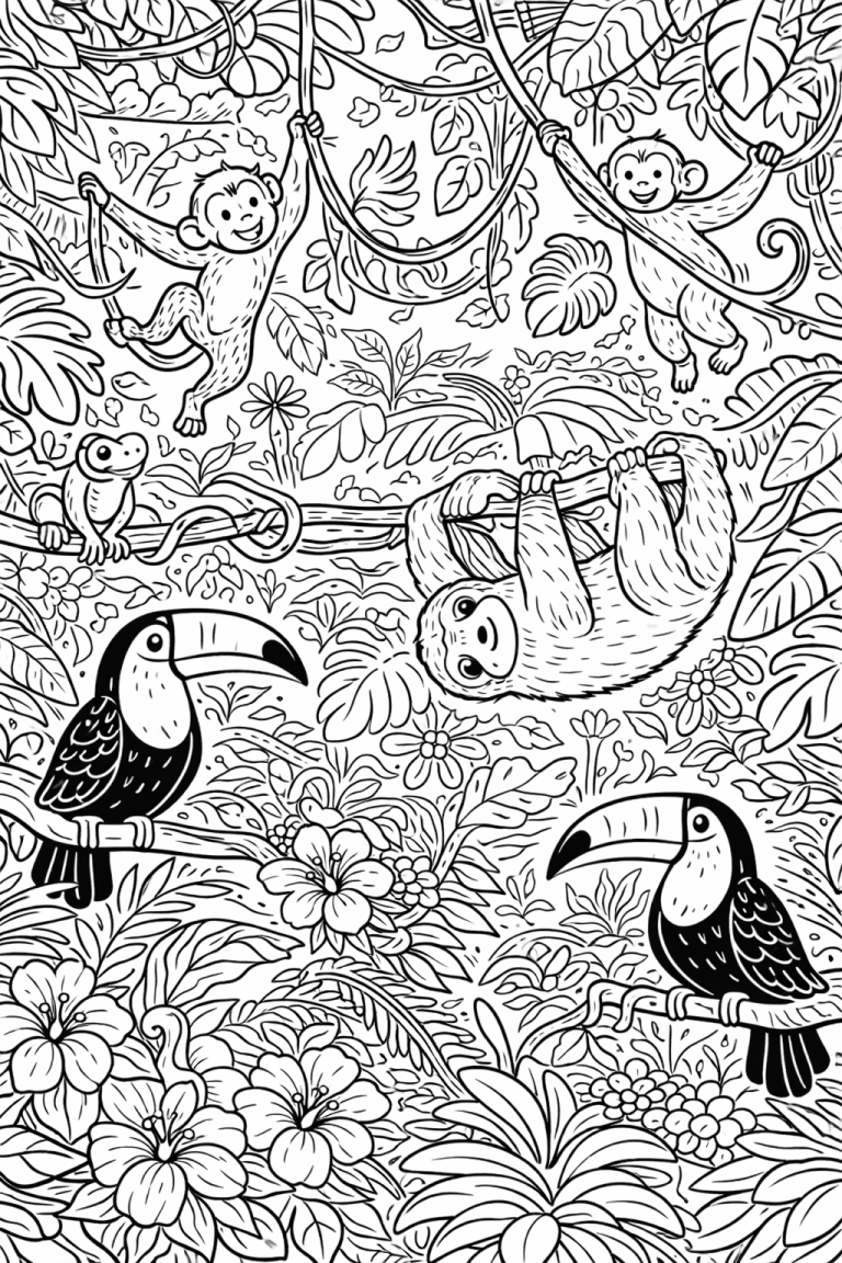 Jungle animals coloring page with monkeys, sloth, and toucans.