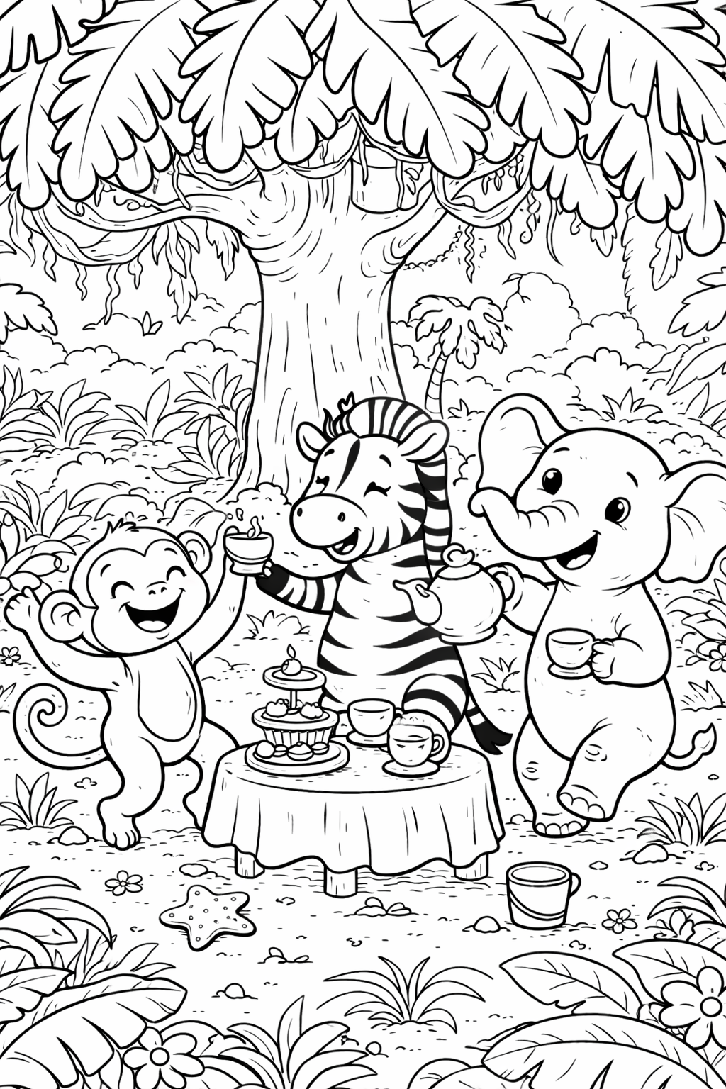 A delightful coloring page showing a monkey, zebra, and elephant having a joyful tea party in a jungle setting. Large trees and jungle foliage frame the scene, creating a fun atmosphere for kids to color.