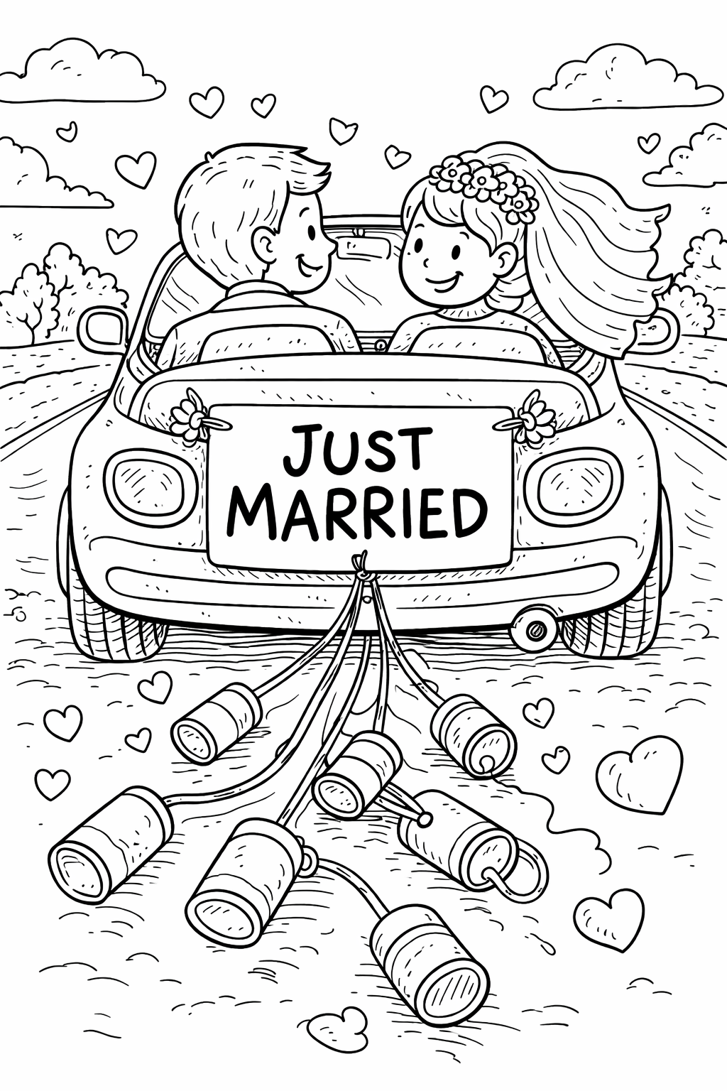 Just Married car with cans and hearts