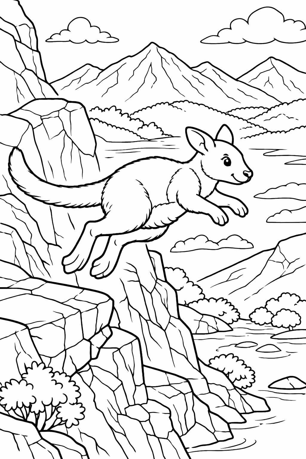 A lively kangaroo jumps over rocky terrain, surrounded by a scenic background of mountains and clouds, inviting children to color the joyful scene and explore their creativity with vibrant hues.