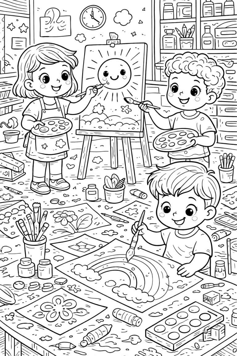 Children painting and drawing in a classroom