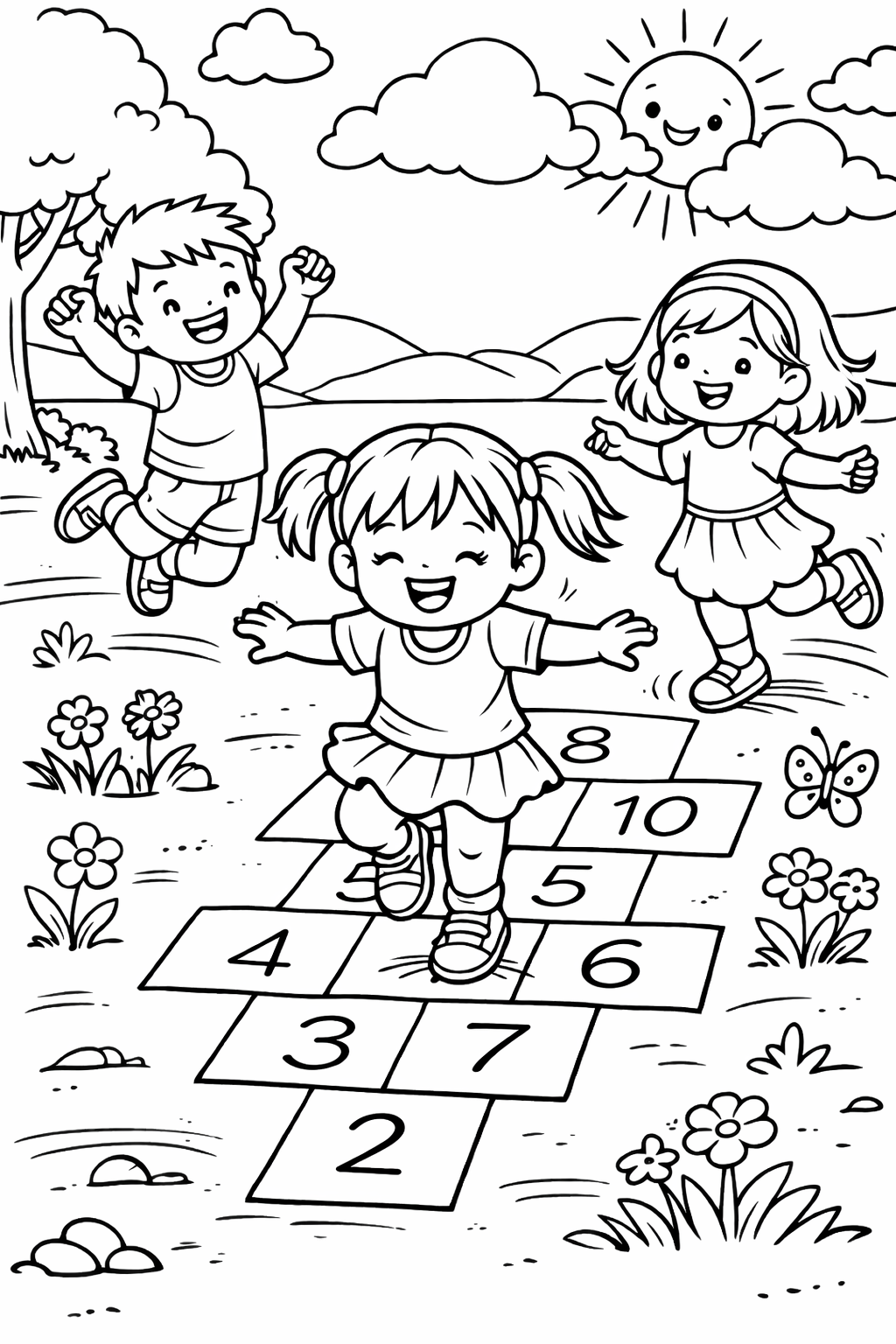 A coloring page of three children playing hopscotch in a garden under a sunny sky. They are surrounded by flowers and trees, making it a lively and enjoyable scene for kids to color.