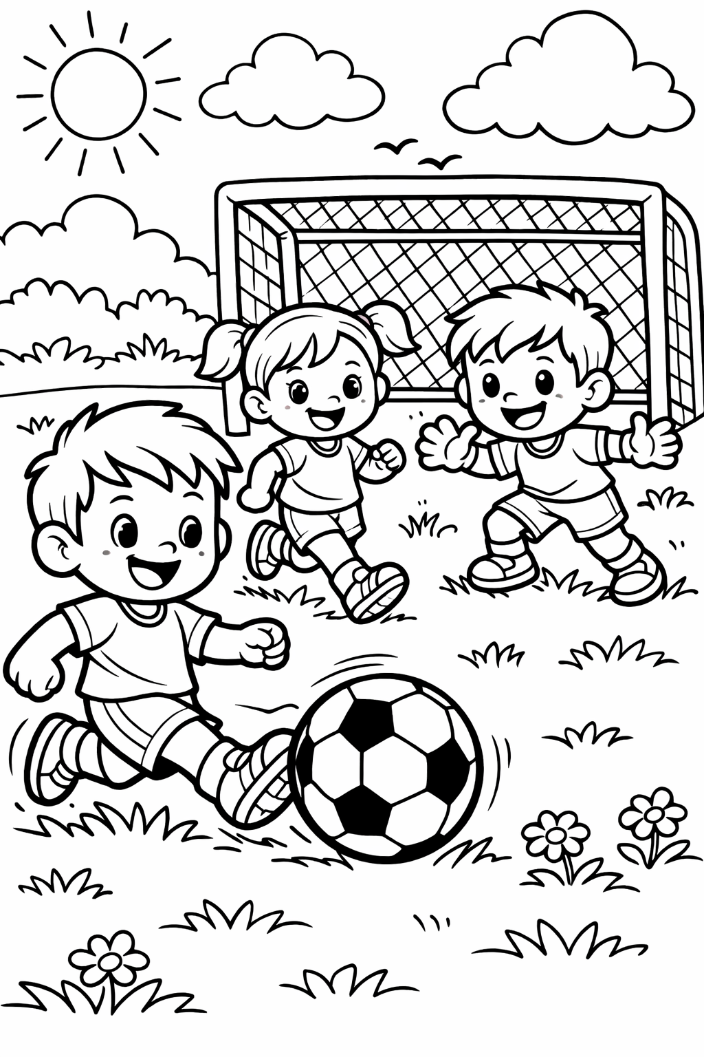 Children playing soccer on a sunny day.