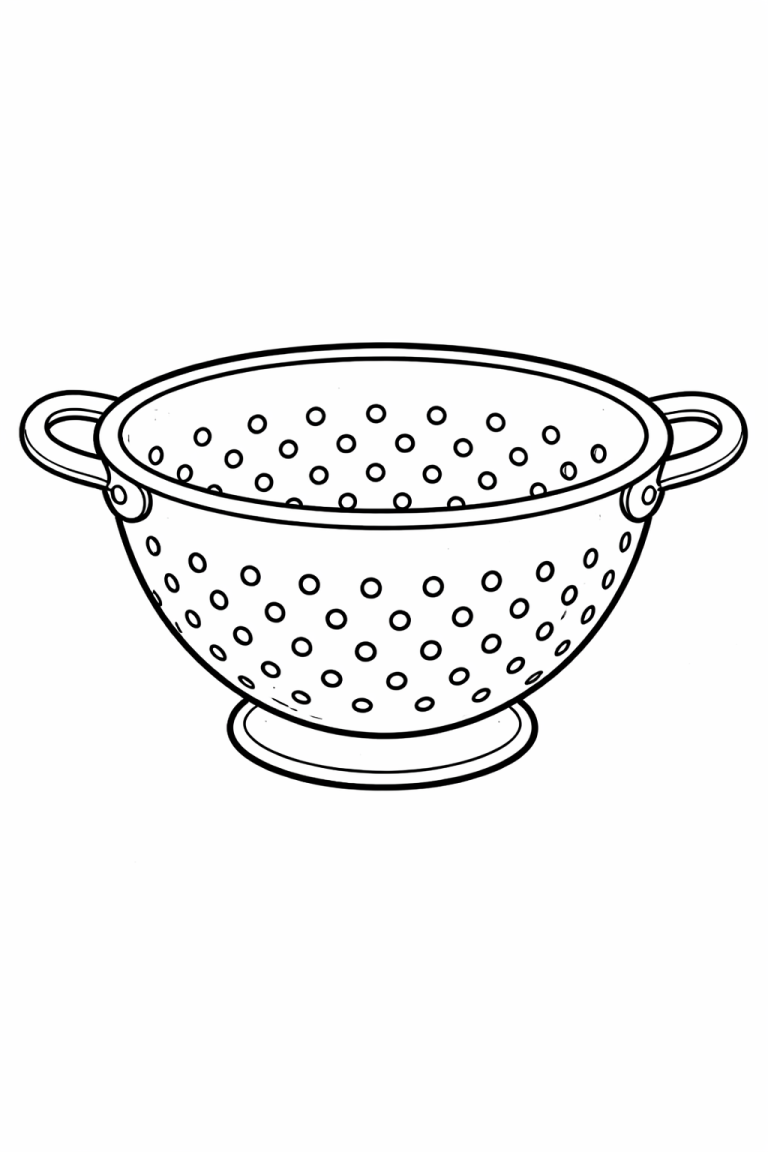A detailed coloring page featuring a kitchen colander with two handles and decorative holes, designed for kids to color and enhance creativity.