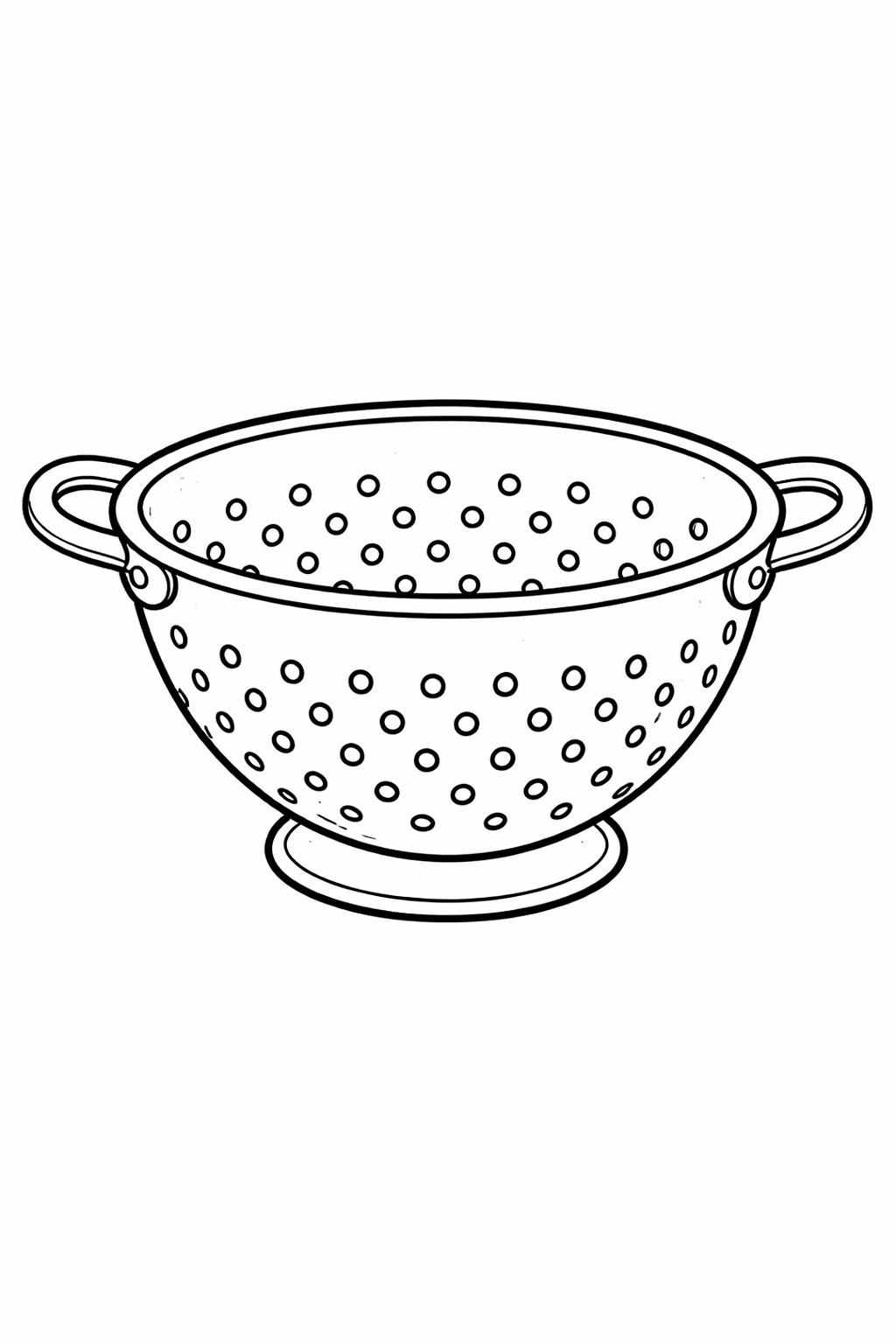 A detailed coloring page featuring a kitchen colander with two handles and decorative holes, designed for kids to color and enhance creativity.