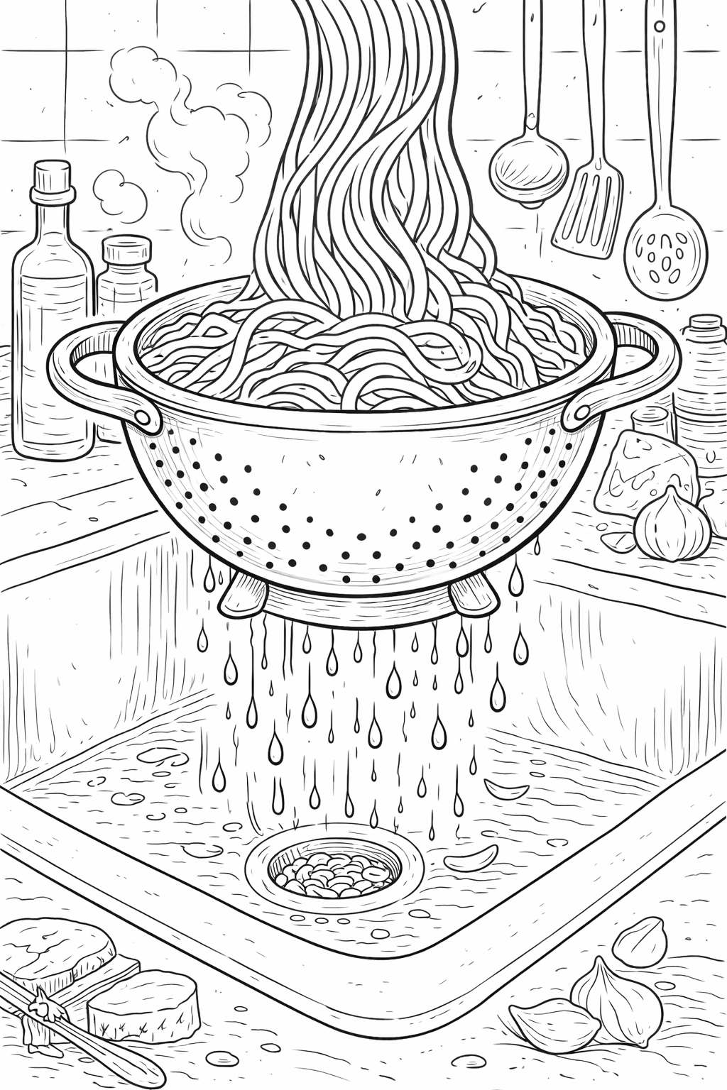 A children's coloring page depicting pasta being drained in a colander in a kitchen setting, complete with hanging utensils and sink. Young artists can use their imagination to bring this kitchen scene to life with colors.