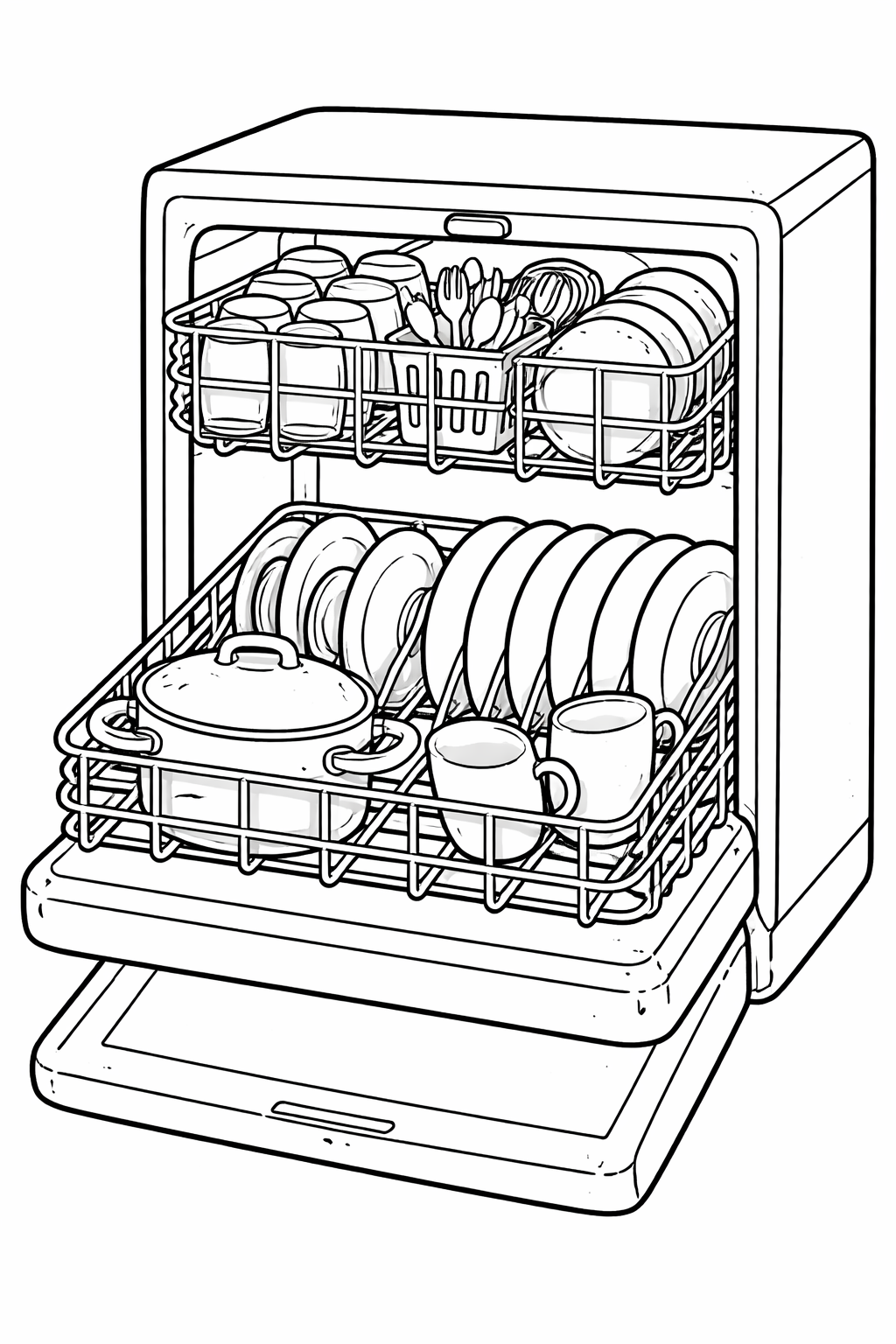 A detailed coloring page of a kitchen dishwasher filled with plates, cups, and utensils. The dishwasher is open, showcasing a tidy arrangement of dishes inside.