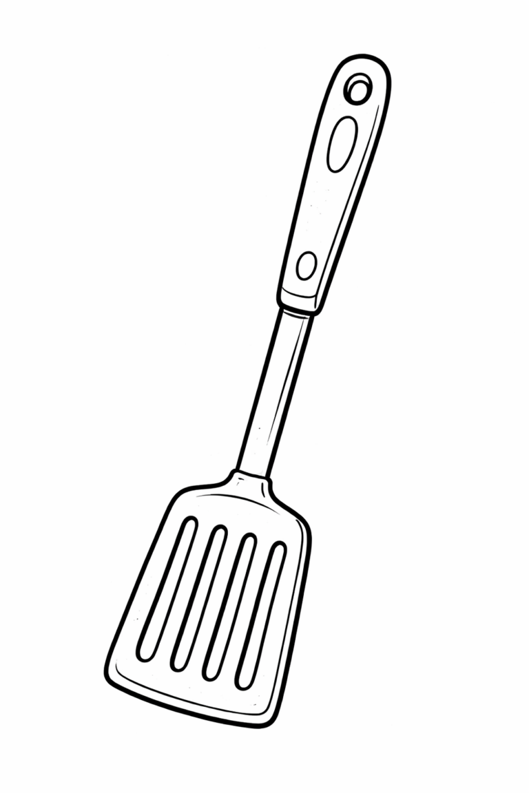 A simple, detailed kitchen spatula coloring page. Encourages creativity and learning about everyday kitchen tools.