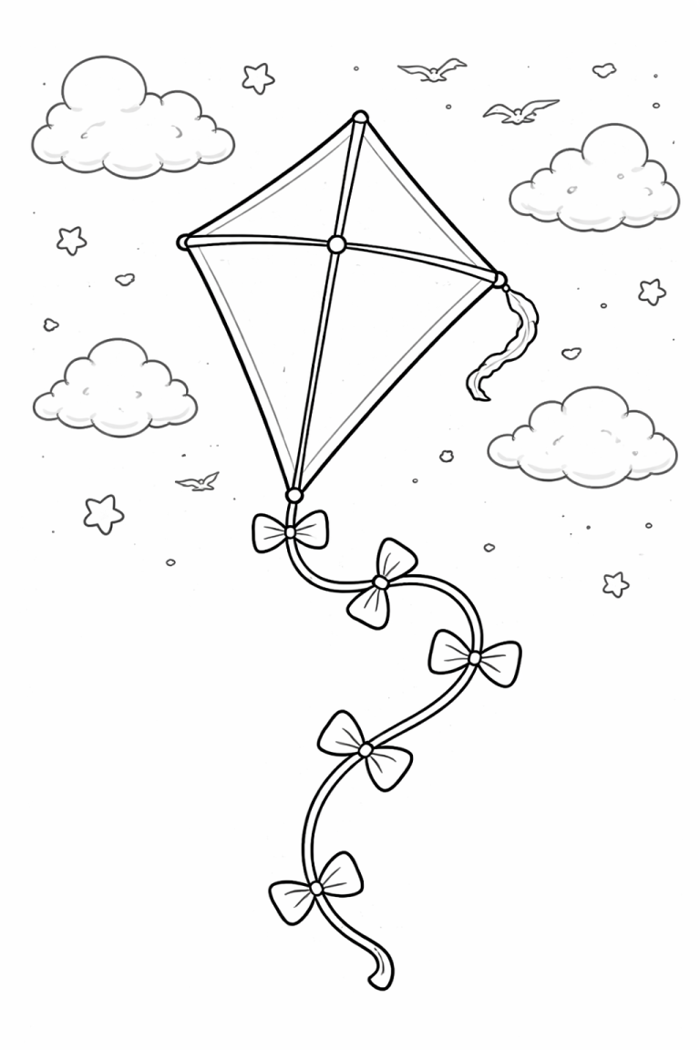 Kite coloring page with clouds and birds