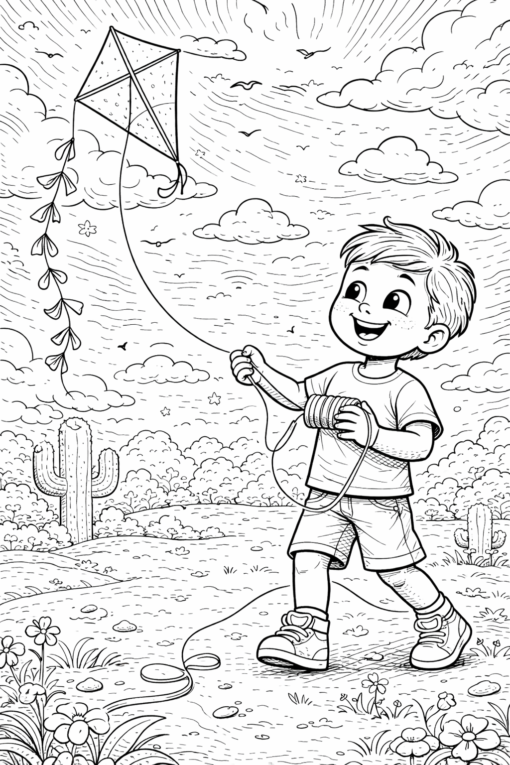 Boy flying a kite in a scenic landscape