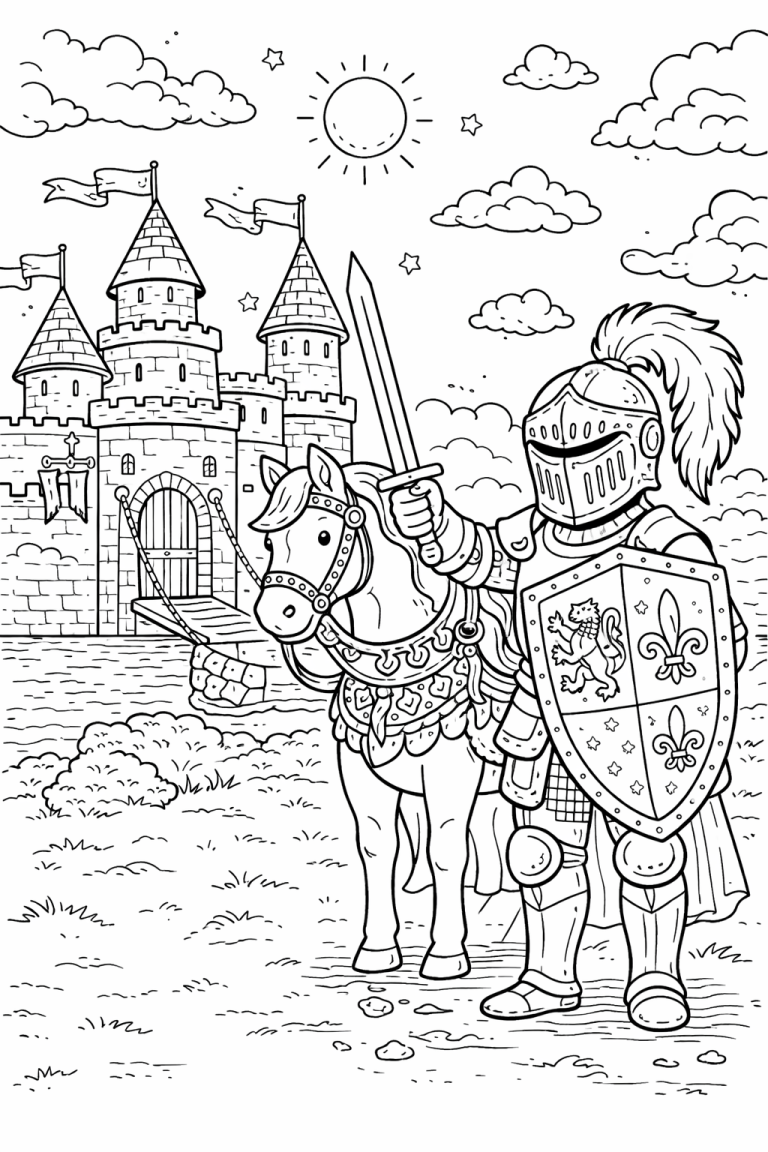 Coloring page depicting a knight and castle scene