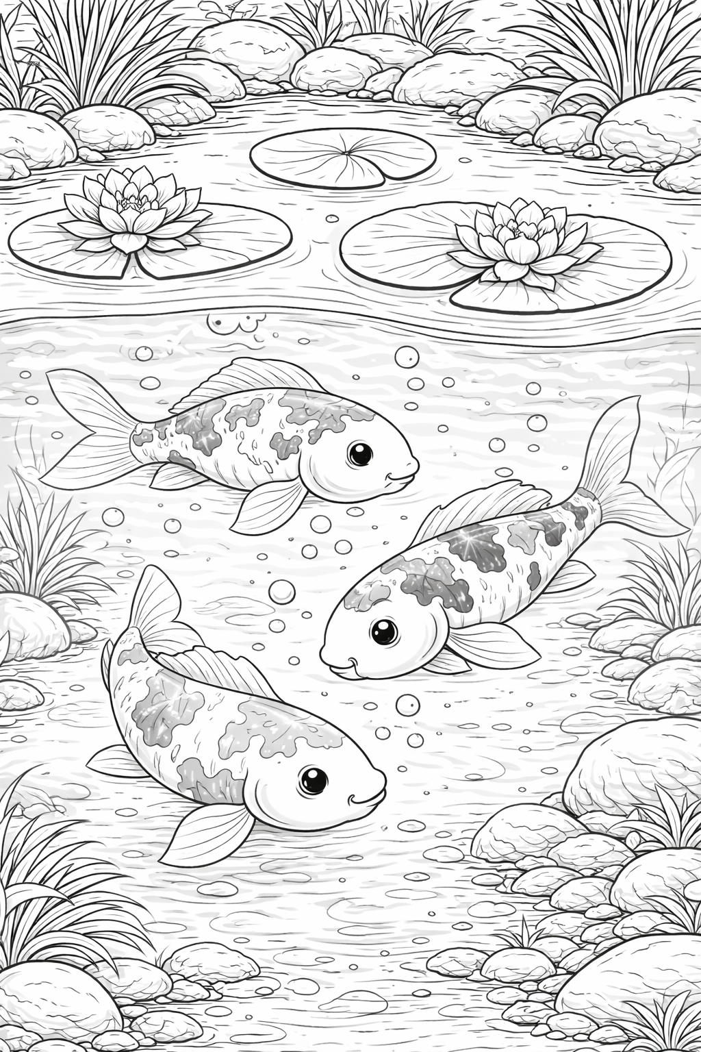 Children's coloring page of koi fish in a pond