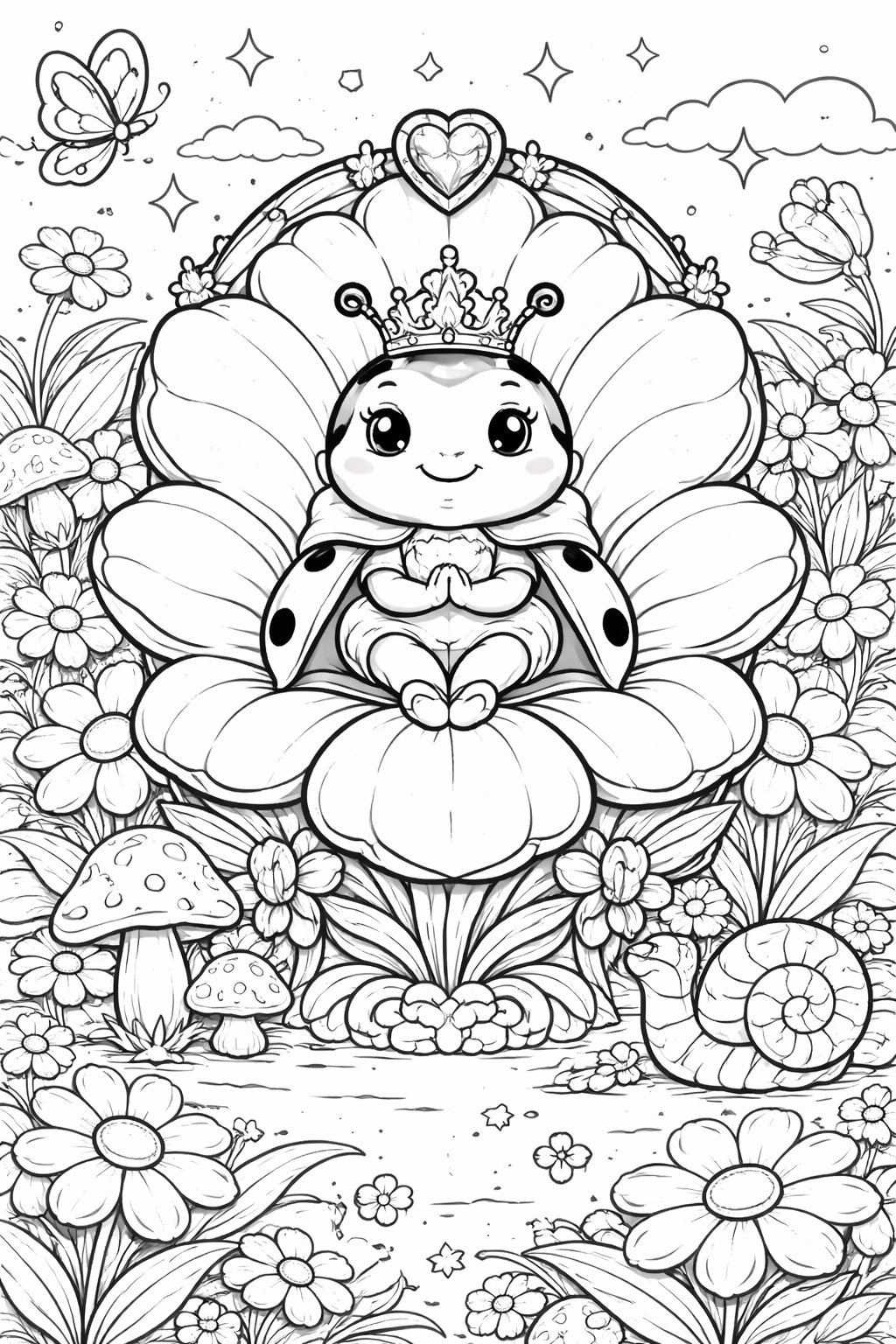 Ladybug fairy princess on a flower with a butterfly and garden elements