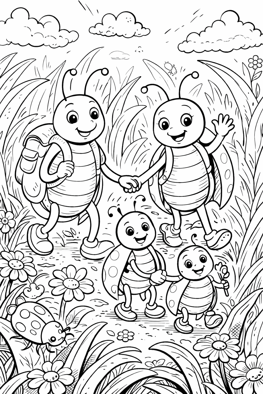 Ladybug family walking in grass with flowers