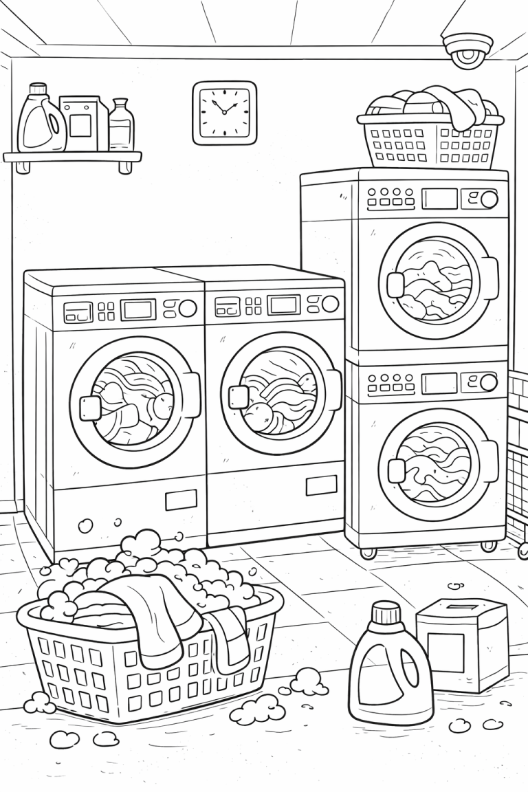 Children's coloring page of a laundry room with washers