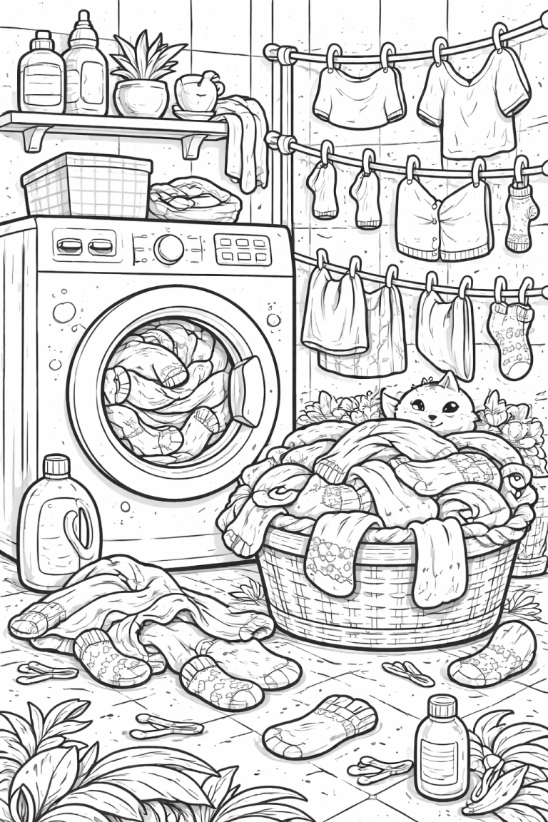 Cozy laundry room scene with a cat and clothes.
