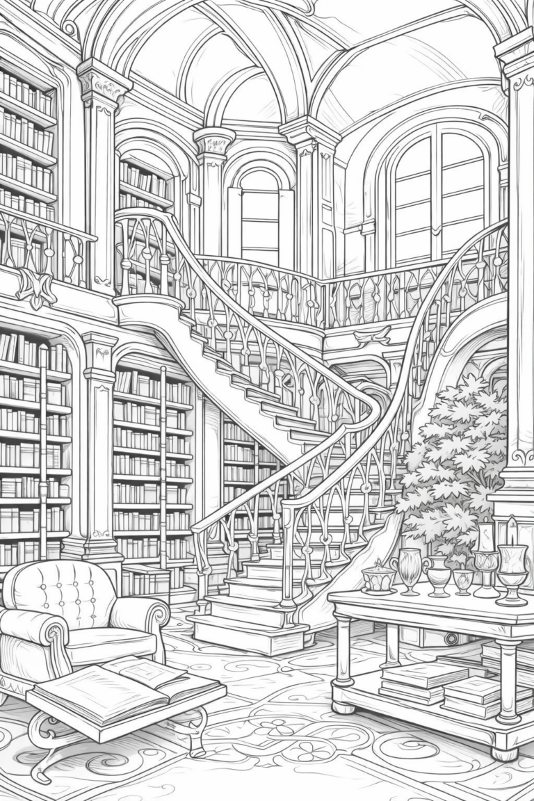 An intricate library scene with grand staircases, filled bookshelves, and elegant furniture for children to color. It offers detailed architectural elements and lush greenery to spark creativity.