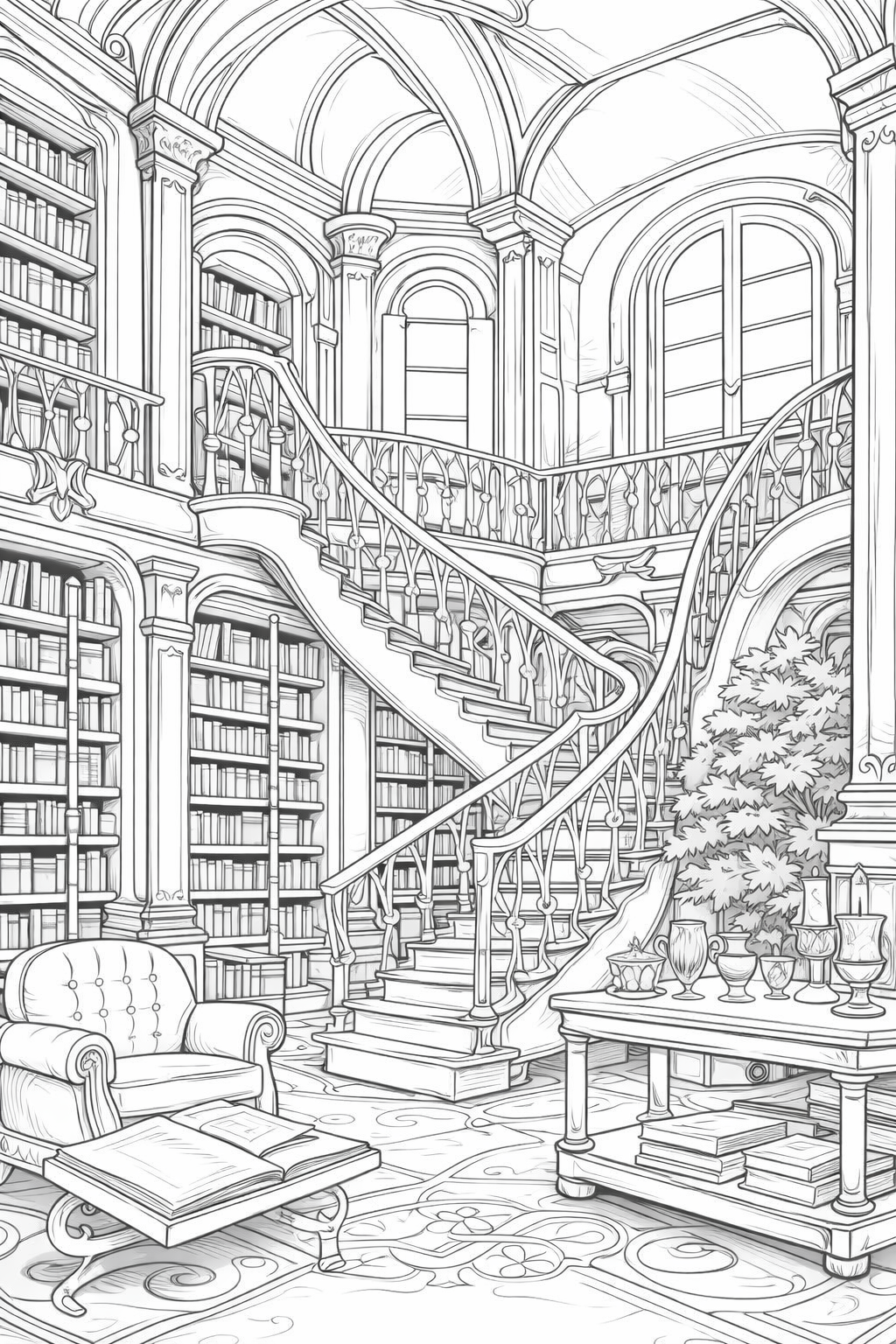 An intricate library scene with grand staircases, filled bookshelves, and elegant furniture for children to color. It offers detailed architectural elements and lush greenery to spark creativity.