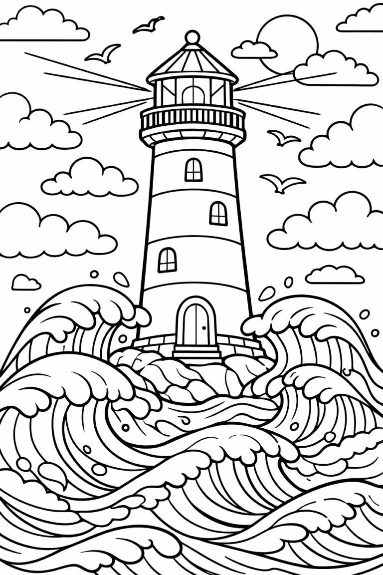 Lighthouse with waves and birds coloring page