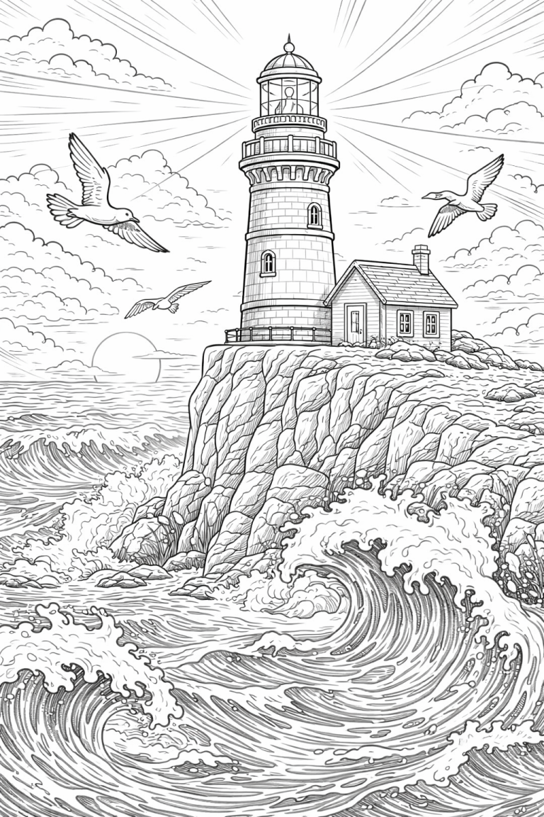Lighthouse on rocky shore with waves and seagulls