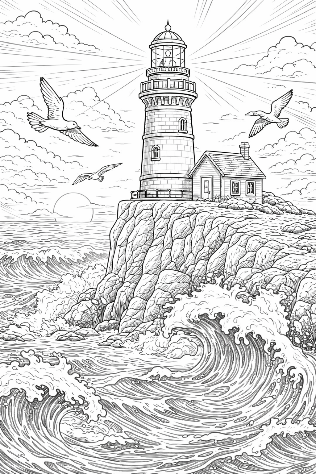 Lighthouse on rocky shore with waves and seagulls
