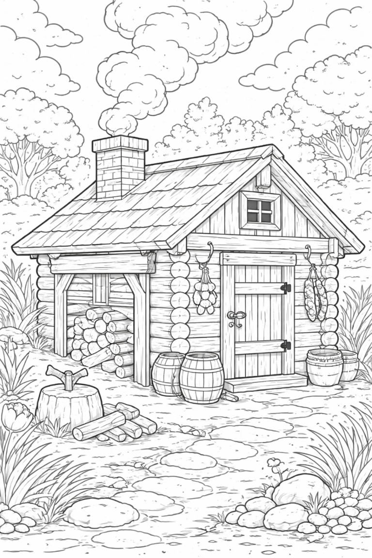 A detailed log cabin surrounded by nature, including a chimney, barrels, woodpile, and lush plants, perfect for children's coloring activities.