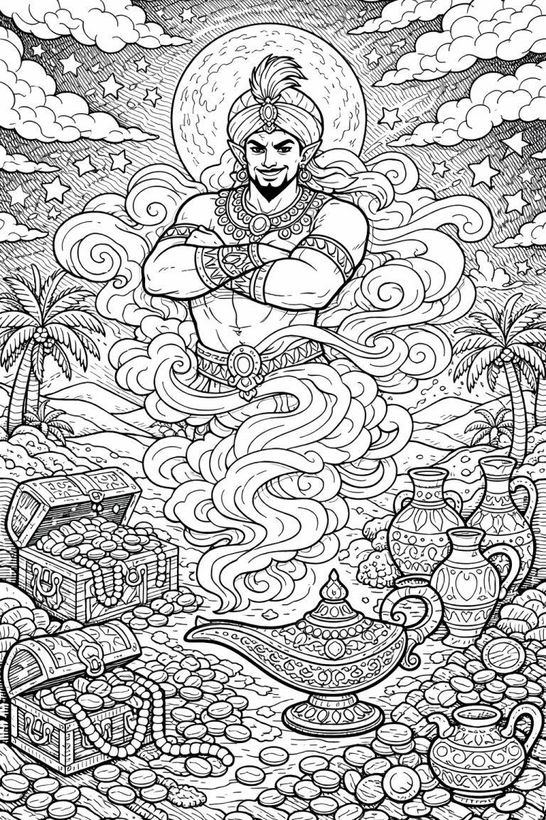 Genie emerging from a lamp with treasures