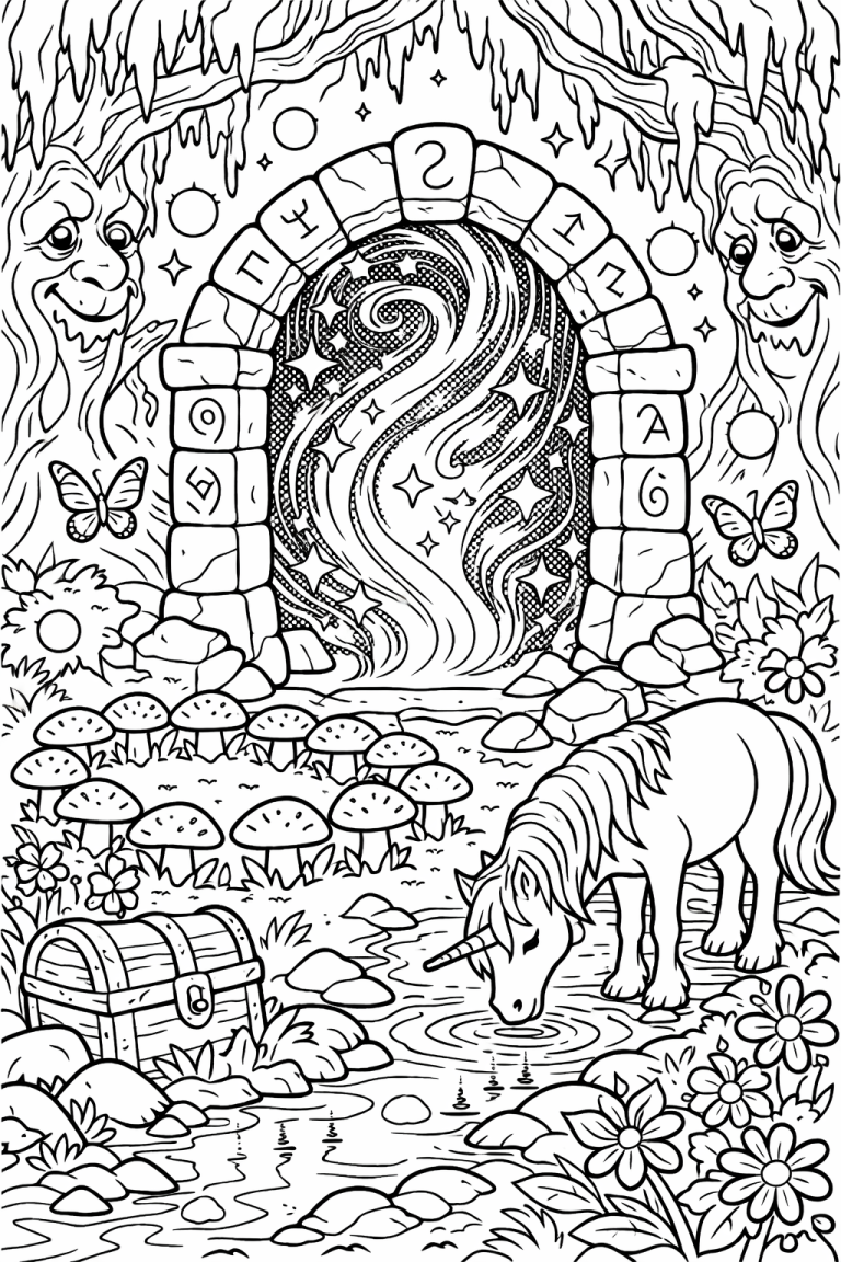 A unicorn drinks from a stream in an enchanting forest setting. The scene includes trees with faces, a mystical portal, butterflies, mushrooms, and a treasure chest. Perfect for sparking imagination in children.