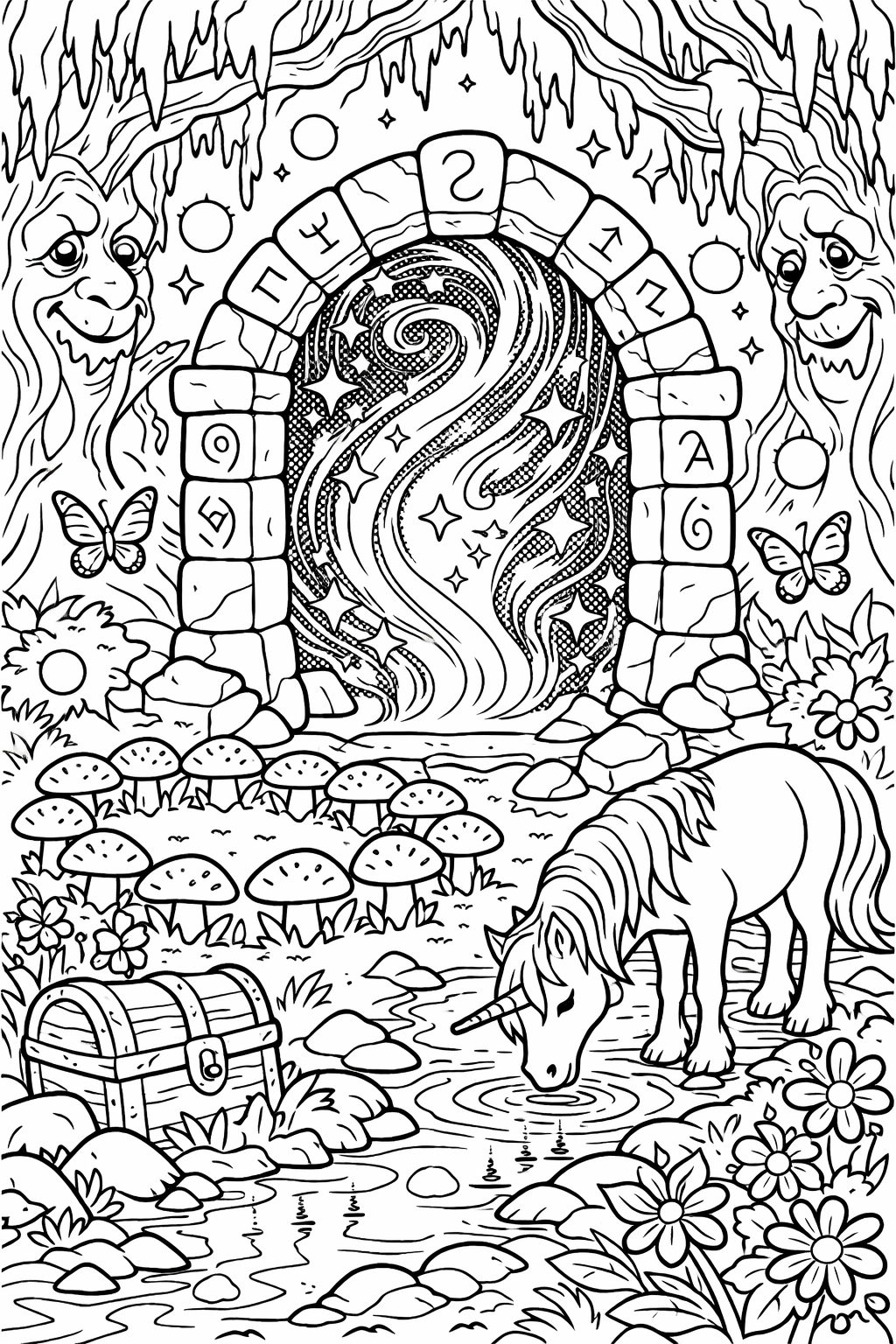 A unicorn drinks from a stream in an enchanting forest setting. The scene includes trees with faces, a mystical portal, butterflies, mushrooms, and a treasure chest. Perfect for sparking imagination in children.
