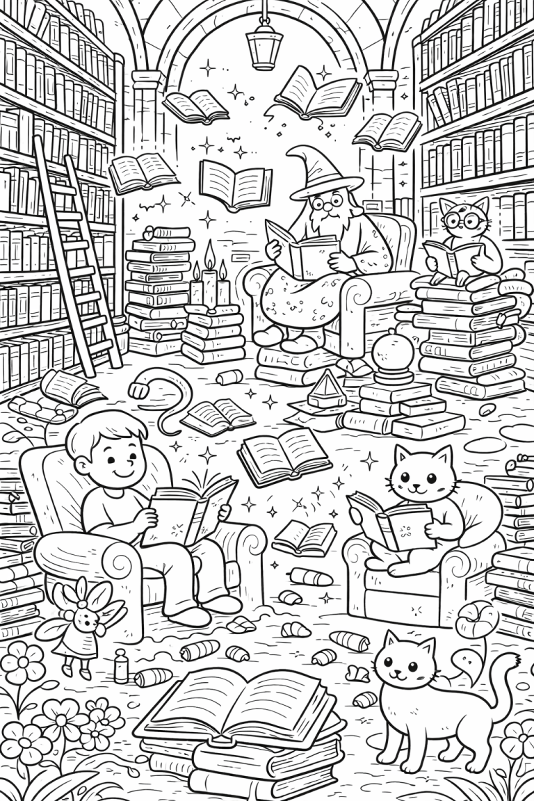 Coloring page of a magical library with reading characters