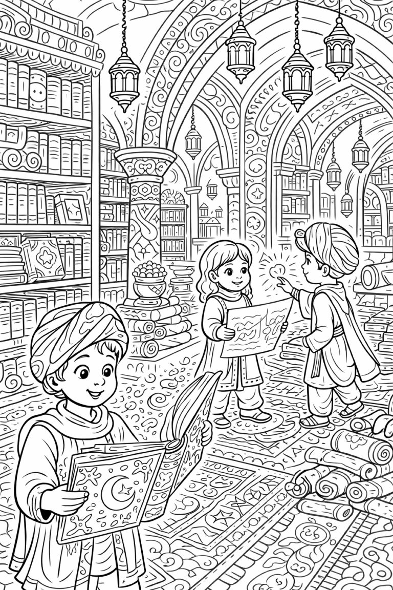 Children exploring a magical library with books and scrolls.
