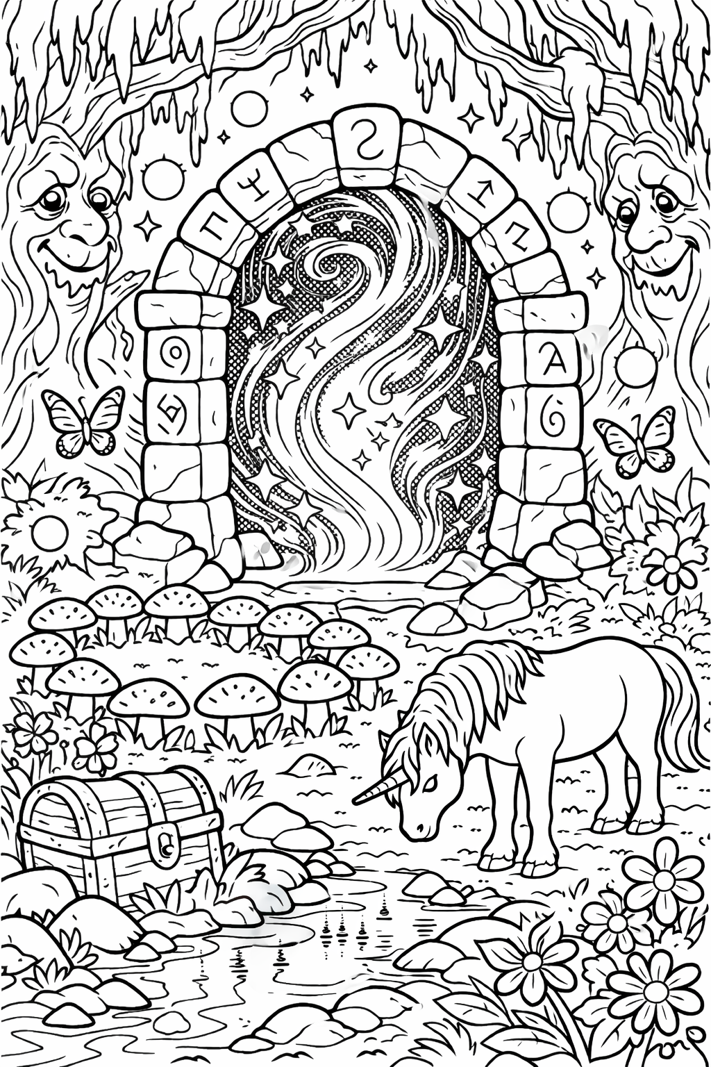 A magical coloring page with a unicorn near a stream, surrounded by mystical elements like a portal, fairy-like butterflies, and lively nature. Perfect for kids to add colors and let their imaginations take flight in a fairy-tale setting.