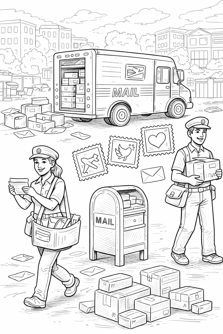Children's coloring page of mail delivery scene