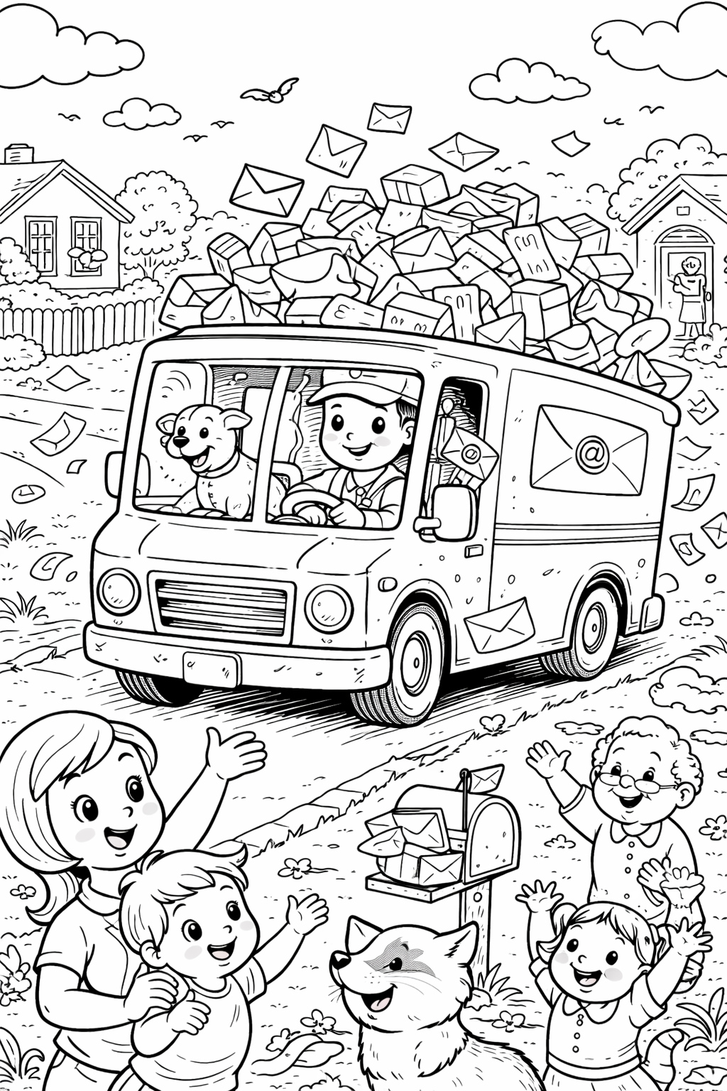 A mail carrier in a truck full of letters is greeted by children, a dog, and a grandmother, depicting a cheerful neighborhood scene focused on mail delivery.