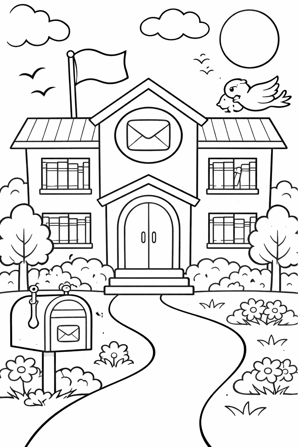 Children's coloring page of a building with a mailbox.