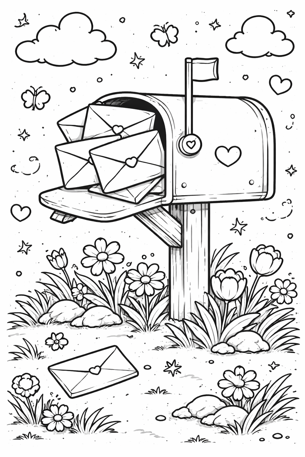 A coloring page depicting a mailbox full of heart-adorned letters amid flowers and butterflies, creating a whimsical nature setting.