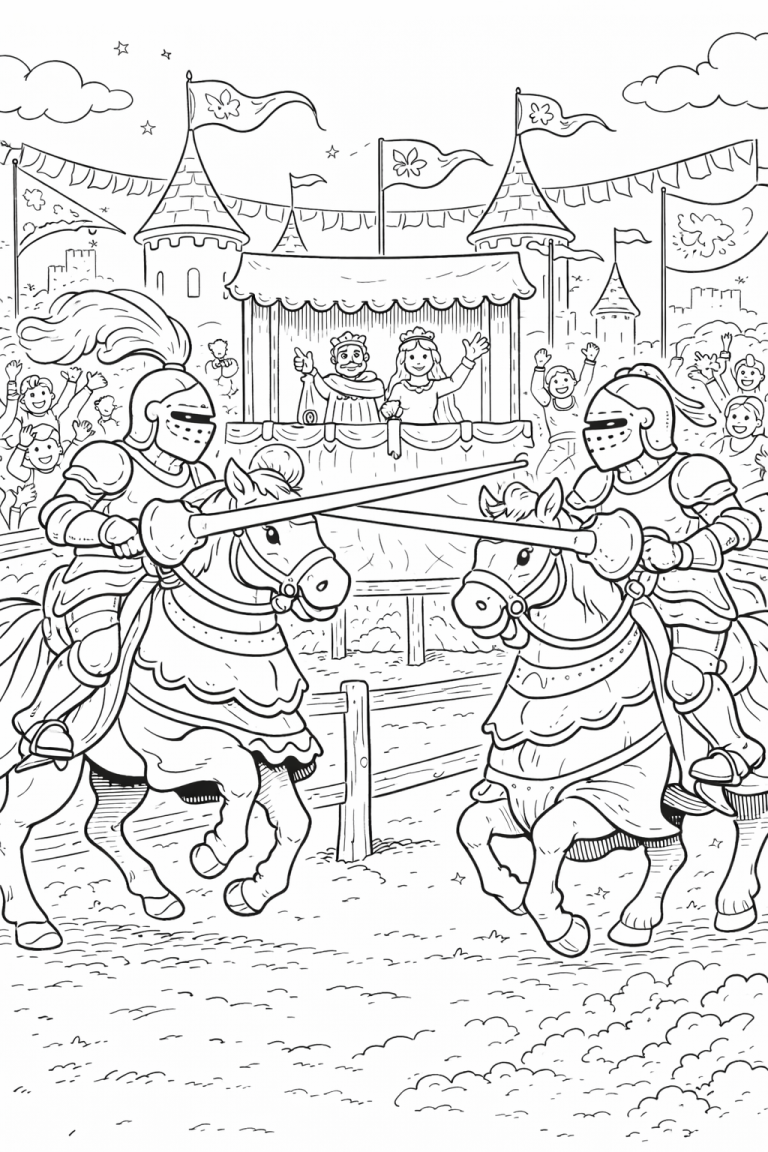 A detailed coloring page of a medieval jousting scene with two knights in armor on horseback and an audience including royalty in a grandstand.