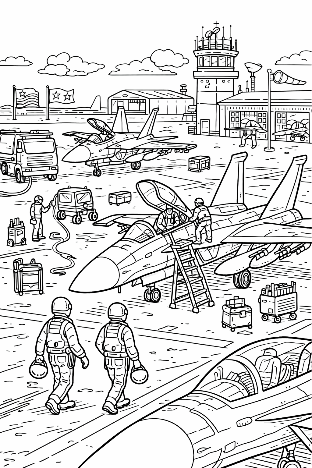 Detailed military airbase scene with fighter jets, control towers, and pilots. Perfect for children's coloring activities, offering a look into the exciting world of aviation military operations.