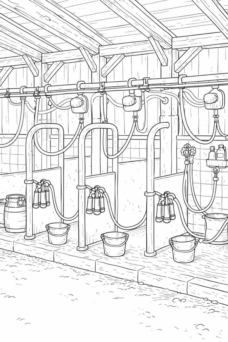 A detailed coloring page of a milking parlor. The scene shows milking machines, wooden beams, and various farming equipment. Children can use their imagination to color the intricate details and learn about dairy farming.