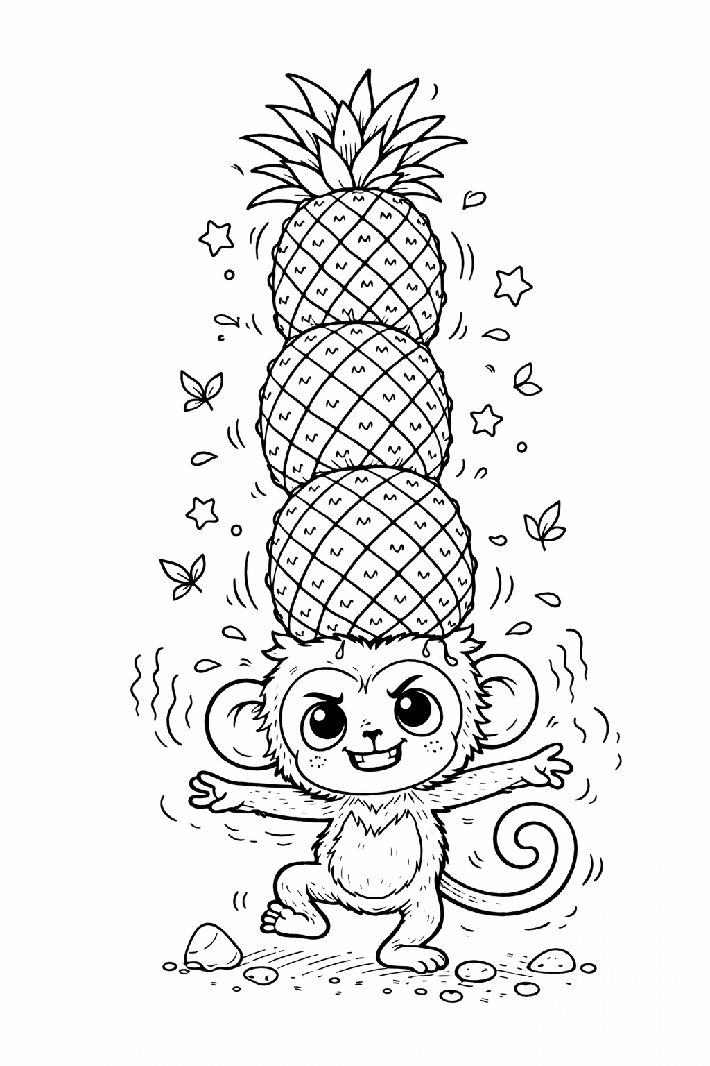 A lively monkey balancing three pineapples above its head, decorated with stars and leaves. Surrounding elements create a fun, vibrant atmosphere perfect for coloring enjoyment.