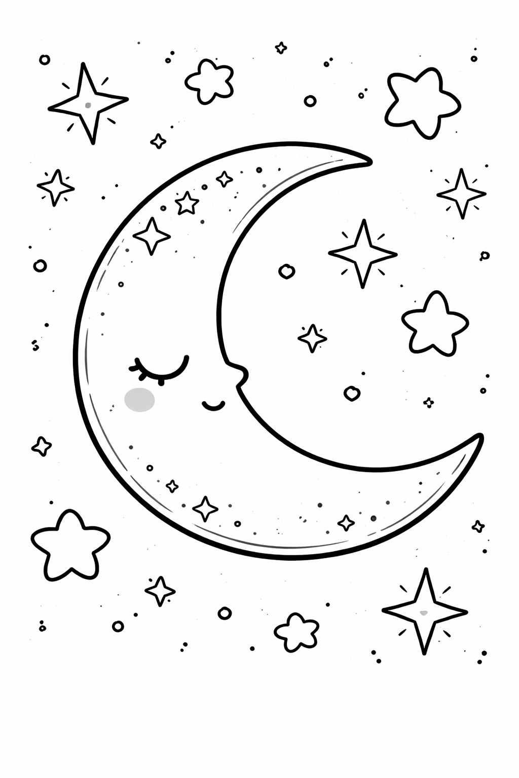 Coloring page depicting a friendly crescent moon surrounded by cheerful stars. Ideal for kids who love celestial scenes and enjoy coloring playful designs.