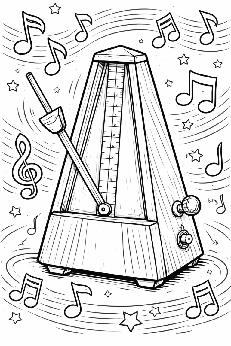 Coloring page with a metronome and musical notes