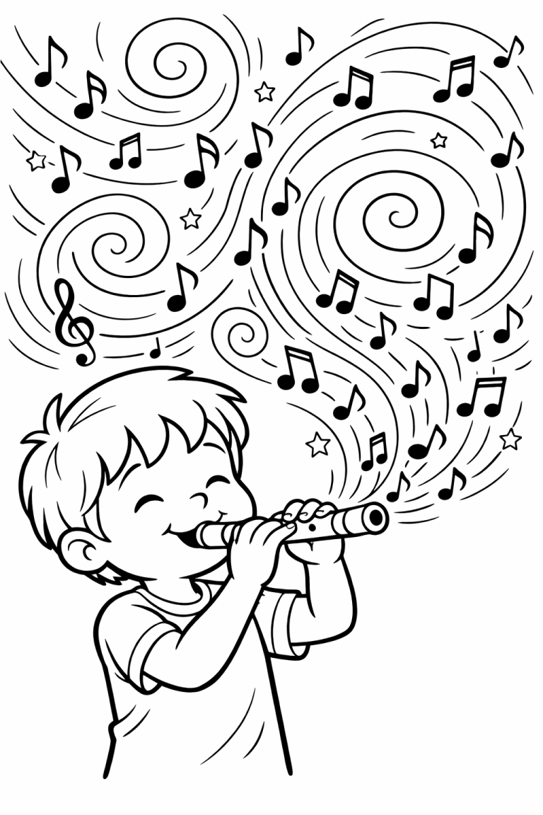 Child playing a flute surrounded by musical notes.